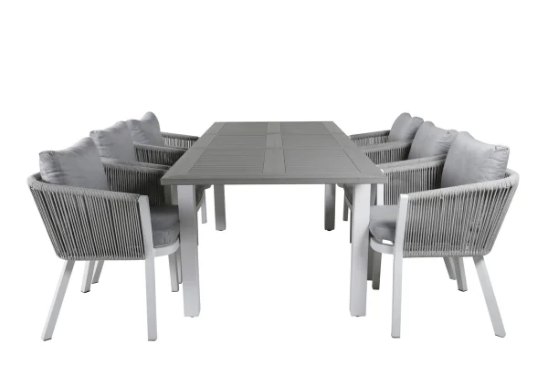 Albany Gartenset Tisch 90x152/210cm und 6 Stühle Virya weiß, grau, cremefarben.