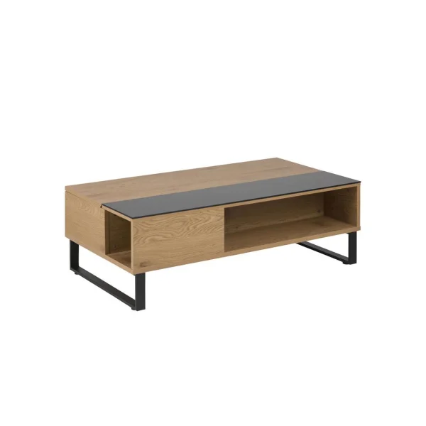 Allan Couchtisch mit Hebe/Senkefunktion und Aufbewahrung in Eiche Furnier und schwarzen Glas.