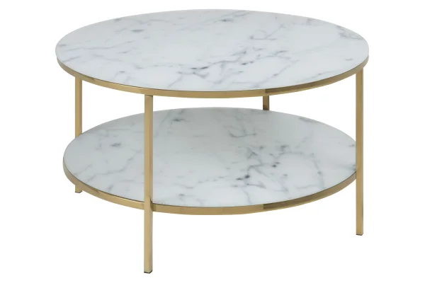 Almaz Couchtisch Ø80 cm weiss Marmorprint, goldenes Chrom.