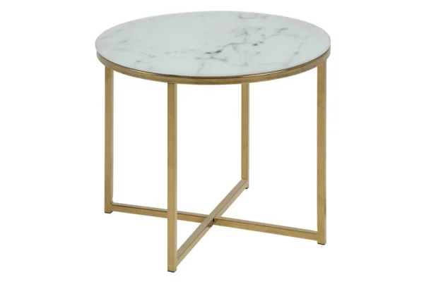 Almaz Ecktisch Ø 50 cm in Glas mit Marmor print und einem Gestell aus goldenen Chrom.