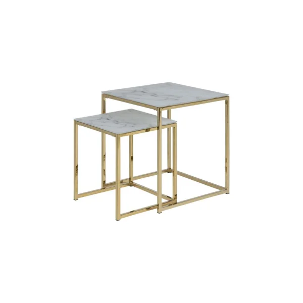 Almaz Einschubtische 2 stk. aus Glas mit weissen Marmor print und goldenen Chrom Beinen.