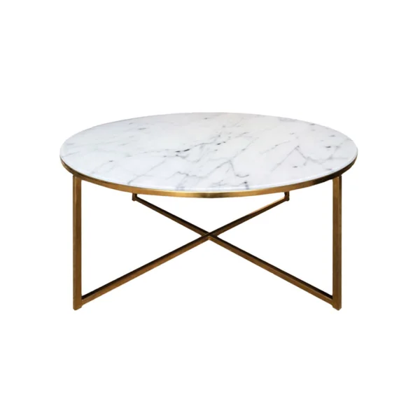 Almaz Wohnzimmertisch Ø 80 cm in Glas mit Marmorprint und einem Gestell aus goldenen Chrom.