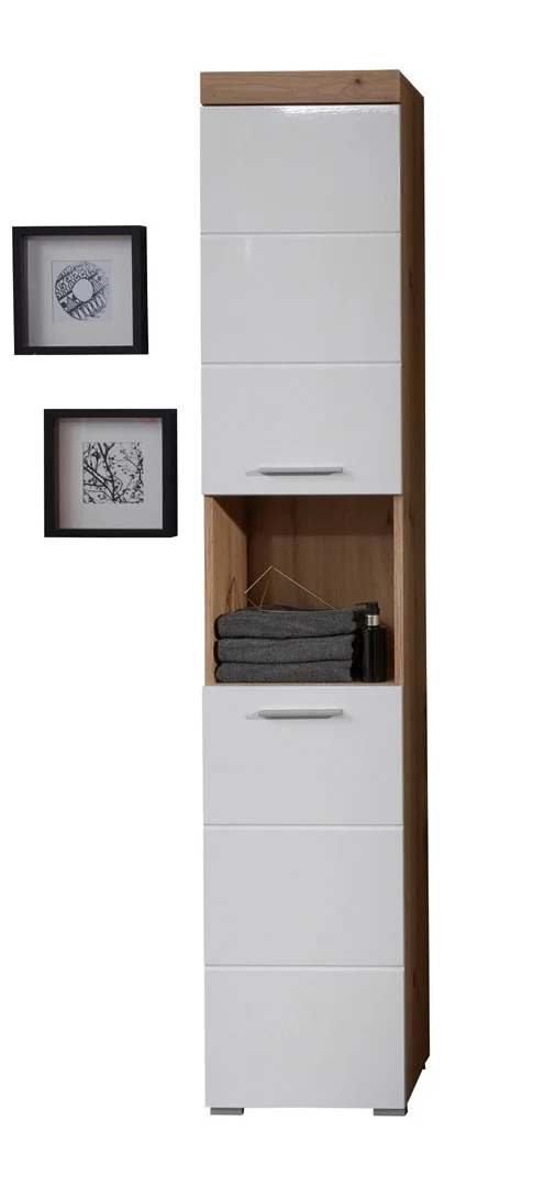 AmandaMando Bad Hochschrank 2 Türen, 1 offenes Fach Eiche Dekor, weiß Hochglanz.