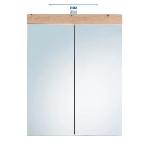 AmandaMando Bad Spiegelschrank 2 Türen einschl. Licht hell Eiche Dekor, Spiegelglas.