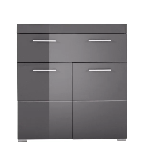 AmandaMando Bad Standtype Stauraum 2 Türen, 1 Schublade grau, grau Hochglanz.