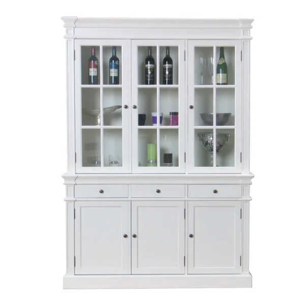 Amaretta 3-Türig Vitrinenschrank antik weiß, antik patinert. Breite142 cm, Höhe 200 cm.