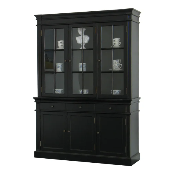 Amaretta 3-Türige Vitrine schwarz. Antik patiniert. Breite 142 cm, Höhe 200 cm.