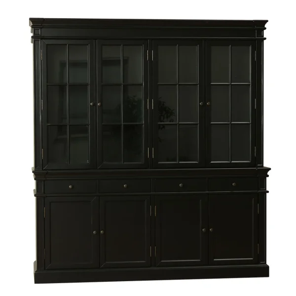 Amaretta 4 türiger Vitrinenschrank schwarz, antik patiniert. Breite 186 cm, Höhe 200 cm.