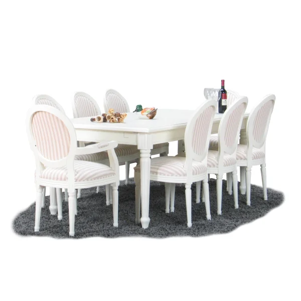Amaretta Essgruppe 100x180/280 einsch. 2 Zusatzplatten antik weiß mit 2+6 Rokoko Stühlen antik weiss/beige.