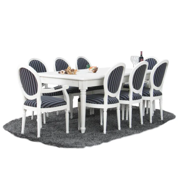 Amaretta Essgruppe 100x180/280 einschl. 2 Zusatzplatten antik weiß mit 2+6 Rokoko Stühlen antik weiss/schwarz.