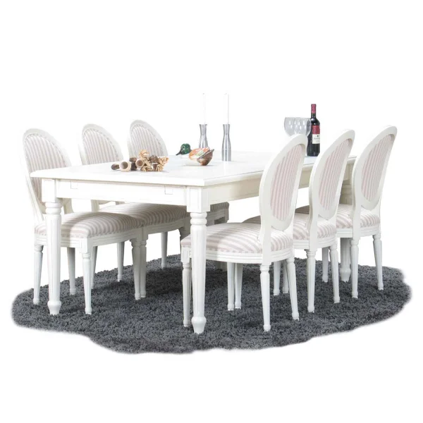Amaretta Essgruppe 100x180/280 einschl. 2 Zusatzplatten antik weiß mit Rokoko Stühlen antik weiß/beige.
