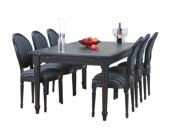 Amaretta Essgruppe100x180/280 einschl. 2 Zusatzplatte schwarz mit 6 Rokoko Stühlen antik schwarz/sch