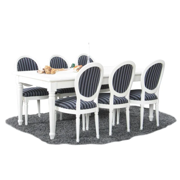 Amaretta Essgruppe100x180/280 einschl. 2 Zusatzplatten antik weiß mit 6 Rokoko Stühlen antik weiß/schwarz.
