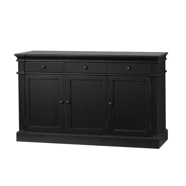 Amaretta Sideboard antik schwarz patiniert, mit 3 Türen und 3 Schubladen Breite 142 cm, Höhe 86 cm.