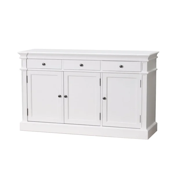 Amaretta Sideboard antik weiß, antik patiniert, mit 3 Türen und 3 Schubladen. Breite 142 cm, Höhe 86 cm.