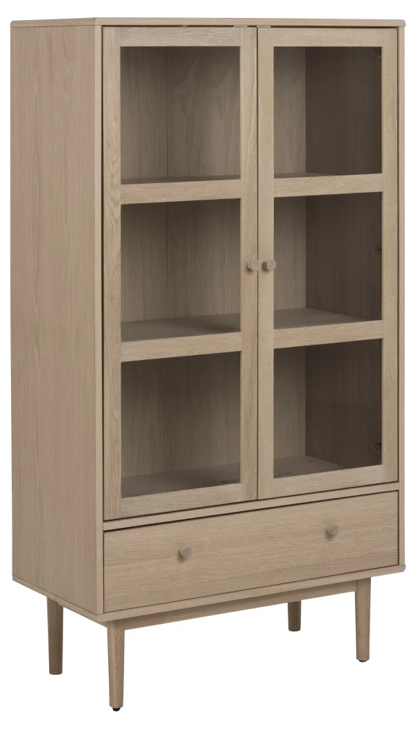 Aston Vitrinenschrank mit 2 Glastüren und 1 Schublade, weiß geölt eichendekor.