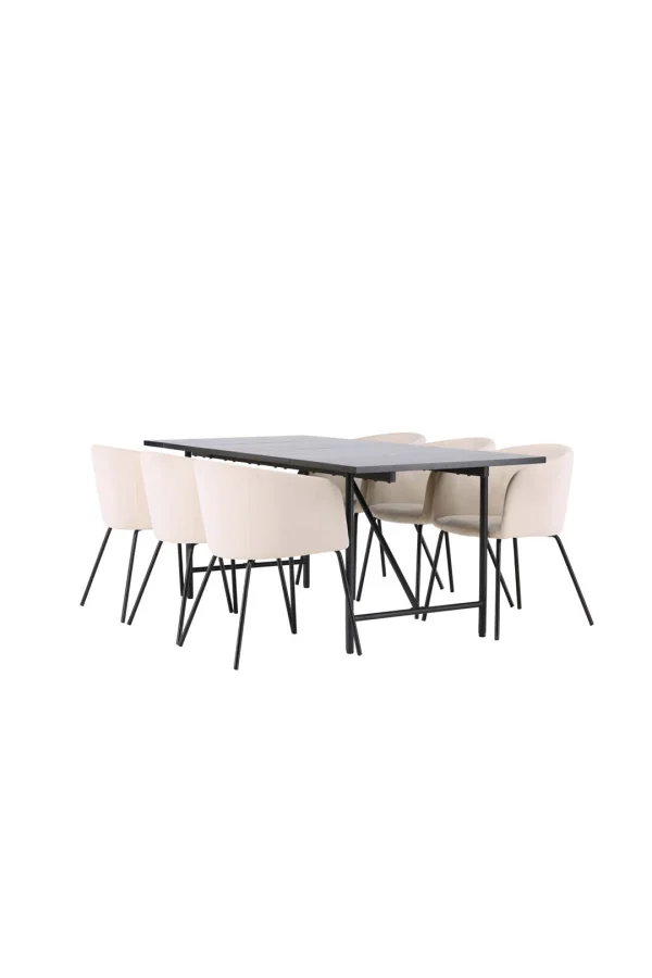 Astrid Essgruppe Tisch schwarz und 6 berit Stühle beige.