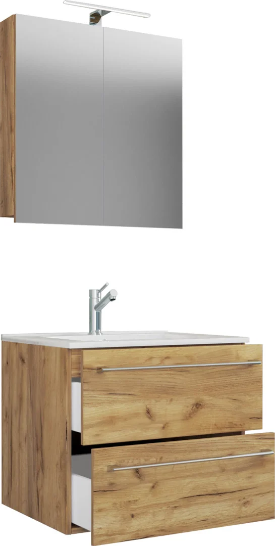 Badinos Badmöbel-Sets A 60 cm, Spiegelschrank Honig Eiche Dekor.