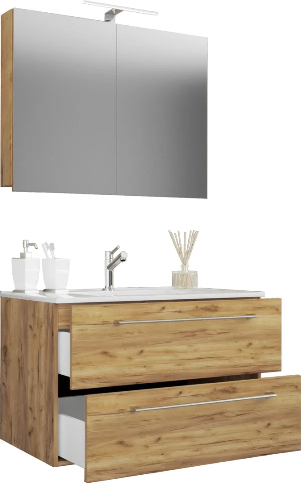 Badinos Badmöbel-Sets A 80 cm, Spiegelschrank Honig Eiche Dekor.