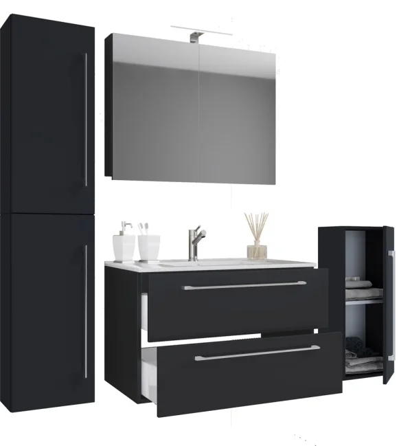 Badinos Badmöbel-Sets A 80 cm, Spiegelschrank Schwarz.