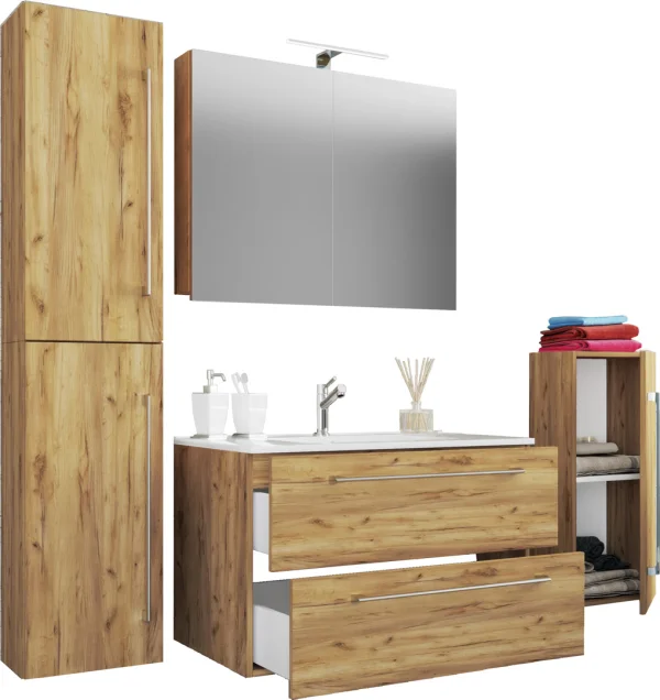 Badinos Badmöbel-Sets B 80 cm, Spiegelschrank Honig Eiche Dekor.