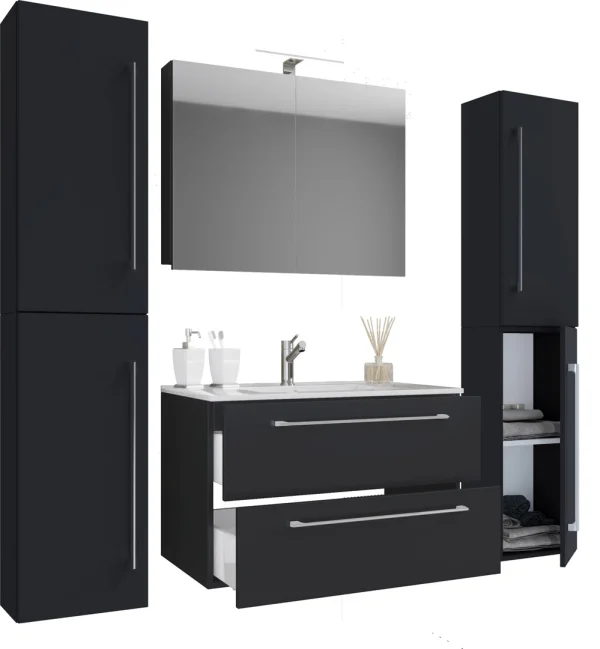 Badinos Badmöbel-Sets B 80 cm, Spiegelschrank Schwarz.