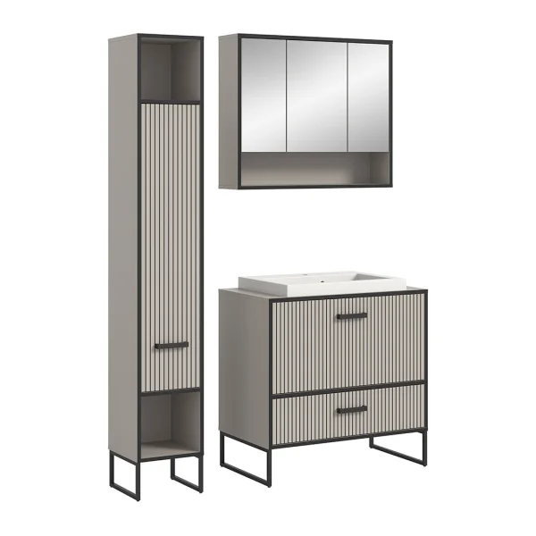 Bagno Badmöbelset 3 Teile inkl. Waschbecken hellgrau, cremefarben.