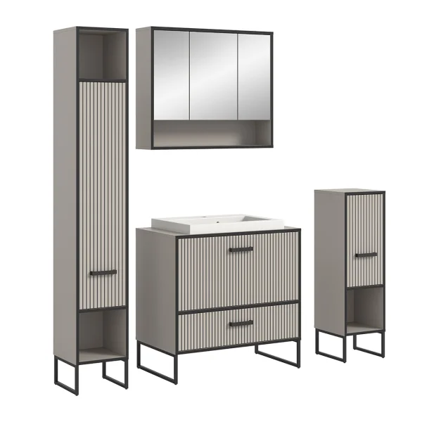 Bagno Badmöbelset 4 Teile inkl. Waschbecken hellgrau, cremefarben.