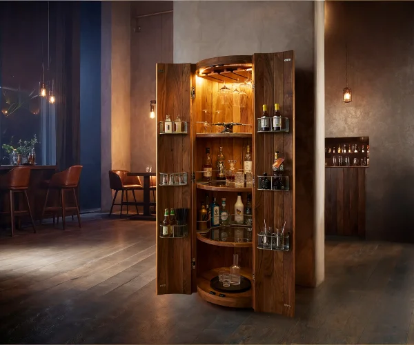 Barschrank Tulsa 80x190 cm Akazie Natur LED-Beleuchtung Weinschrank