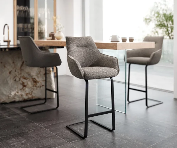 Barstuhl Alja-Flex Bouclé Silbergrau Freischwinger flach Metall Schwarz Taschenfederkern