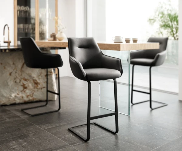 Barstuhl Alja-Flex Echt-Leder Schwarz Freischwinger flach Metall Schwarz Taschenfederkern