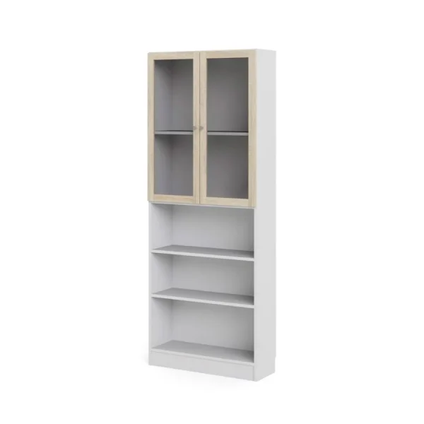 Base Regal 2 Glastüren und 2 Ablagen weiss, Eiche Struktur Dekor.