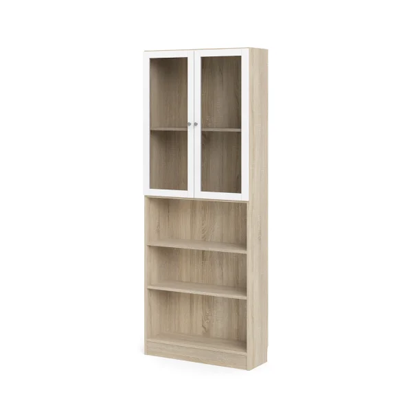 Base Regal mit 2 Glastüren und 2 Regalen, Eichendekor / Weiß.