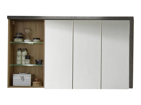 Bay Bad Spiegelschrank 3 Türen, 3 offene Fächer Eiche Dekor Honig, Beton Dekor.