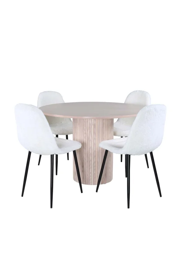Bianca Essgruppe Tisch whitewash und 4 Polar Stühle weiß.