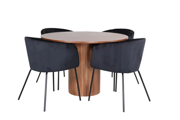 BiancaROWA Essgruppe Esstisch Eiche Furnier und 4 Berit Esszimmerstühle Velour schwarz.