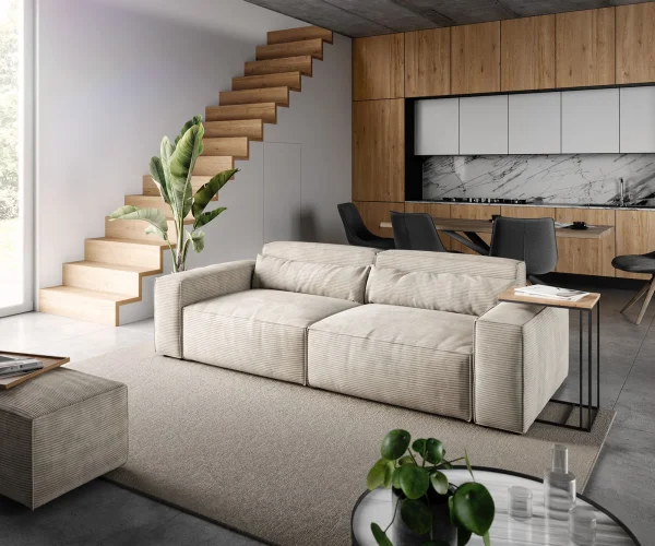 Big-Sofa Sirpio 230x90 cm Cord Beige mit Hocker