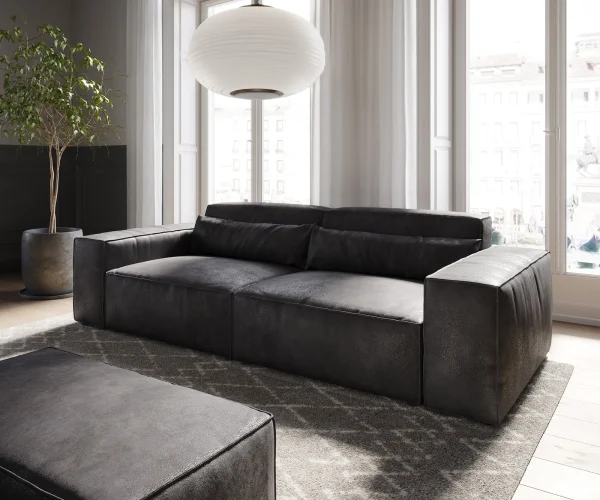 Big-Sofa Sirpio 230x90 cm Lederimitat Vintage Anthrazit  mit Hocker
