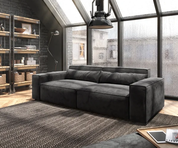 Big-Sofa Sirpio 230x90 cm Mikrofaser Schwarz mit Hocker