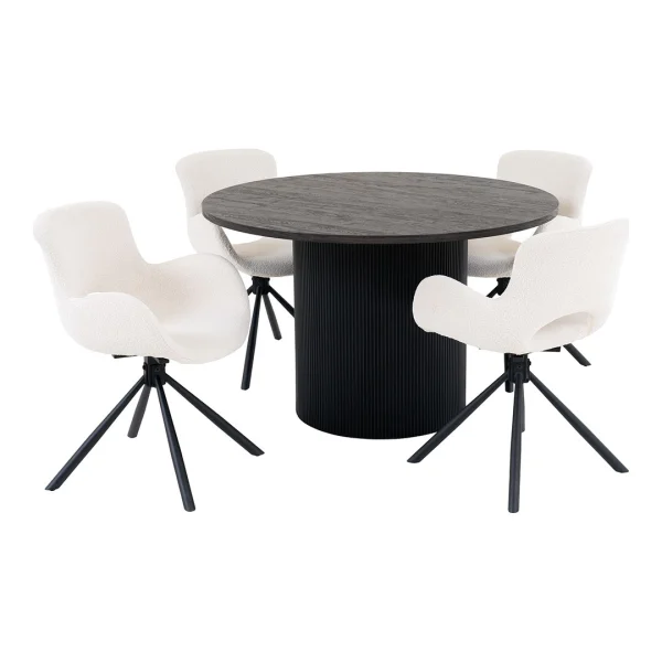 Boavista Essgruppe Esstisch Ø120cm dunkelbraun und 4 Amorim Stuhl offwhite.