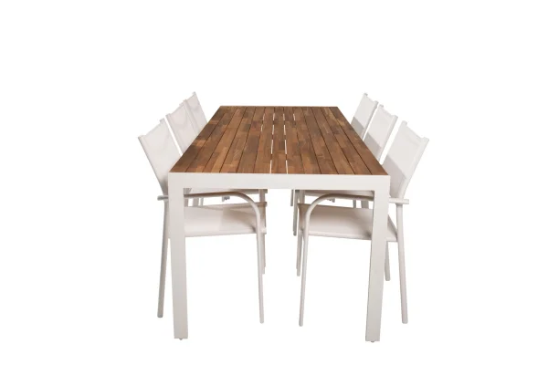 Bois Gartenset Tisch 90x205cm und 6 Stühle Santorini weiß, natur.