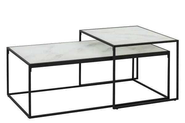 Bora Satztische 2 stk. klar Glas mit Marmorprint, Metall schwarz.