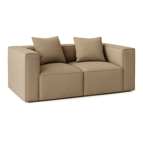 Box 2-Sitzer Sofa, 2 Dekokissen beige, braun.