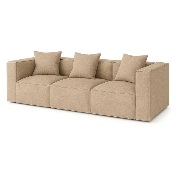 Box 3-Sitzer Sofa, 3 Dekokissen beige, braun.