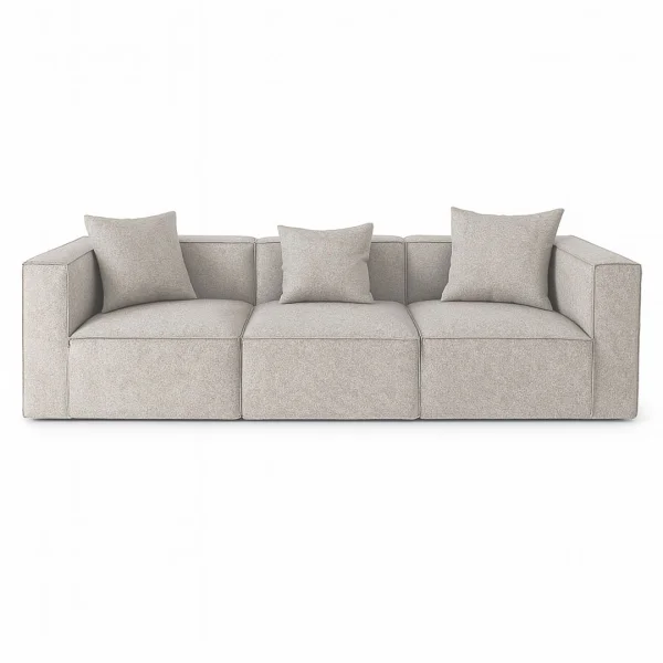 Box 3-Sitzer Sofa, 3 Dekokissen hellgrau.
