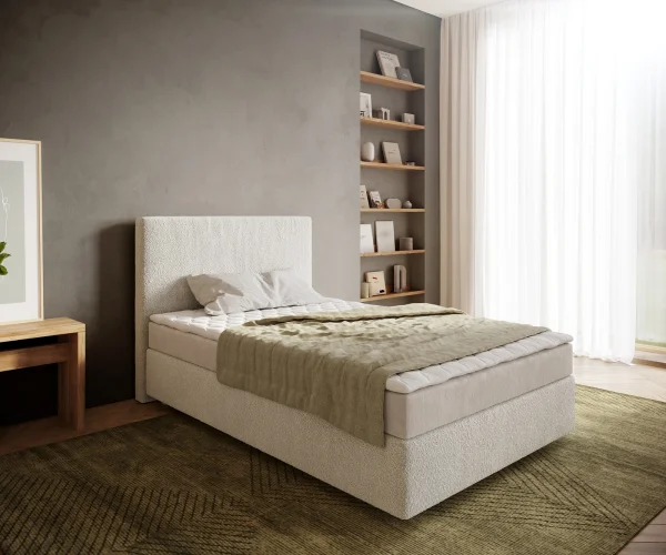 Boxspringbett Dream-Well 120x200 cm Bouclé Creme-Weiß mit Matratze und Topper