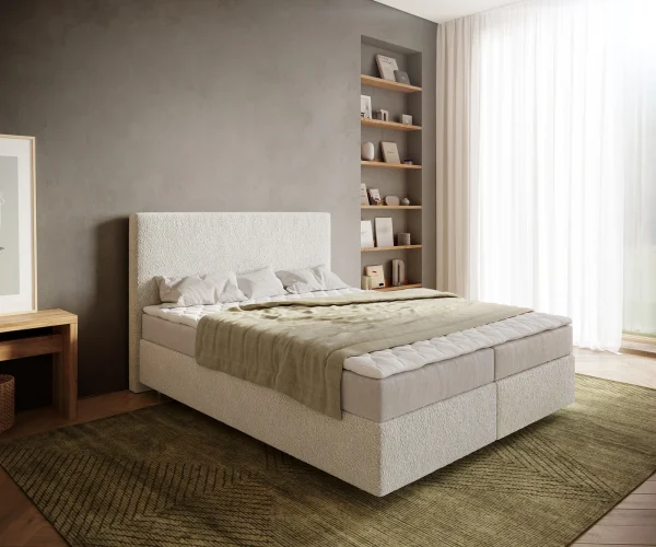 Boxspringbett Dream-Well 160x200 cm Bouclé Creme-Weiß mit Matratze und Topper