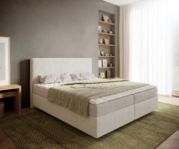 Boxspringbett Dream-Well 180x200 cm Bouclé Creme-Weiß mit Matratze und Topper