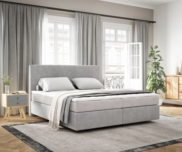 Boxspringbett Dream-Well 180x200 cm Cord Silbergrau mit Taschenfederkernmatratze und Topper Visco