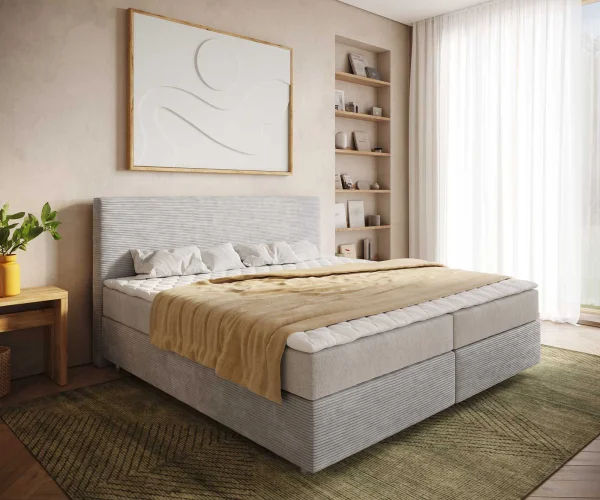 Boxspringbett Dream-Well Cord Silbergrau 200x200 cm mit Taschenfederkernmatratze und Topper Visco